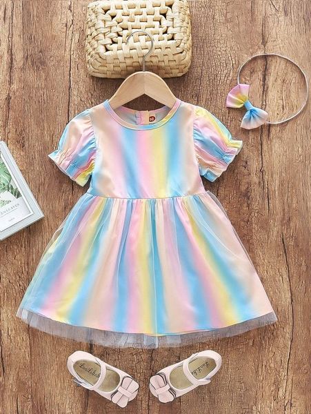 

toddler girls rainbow striped contrast mesh dress she, Red;yellow
