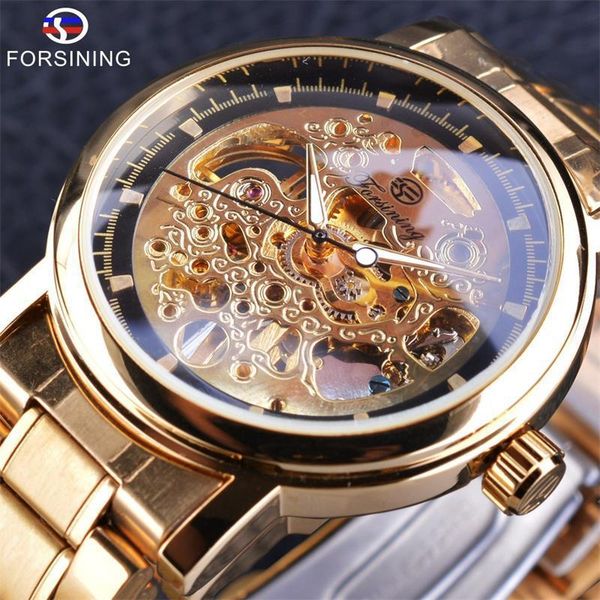 

forsing men's manual steel band mechanical watch gold bar nail black scale literal watch, Slivery;brown