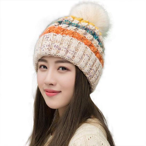 

women and girl fleece lined beanie winter knit ear flaps skiing mountaineering hat with pompom cable faux knitted outdoor hats, Black;white
