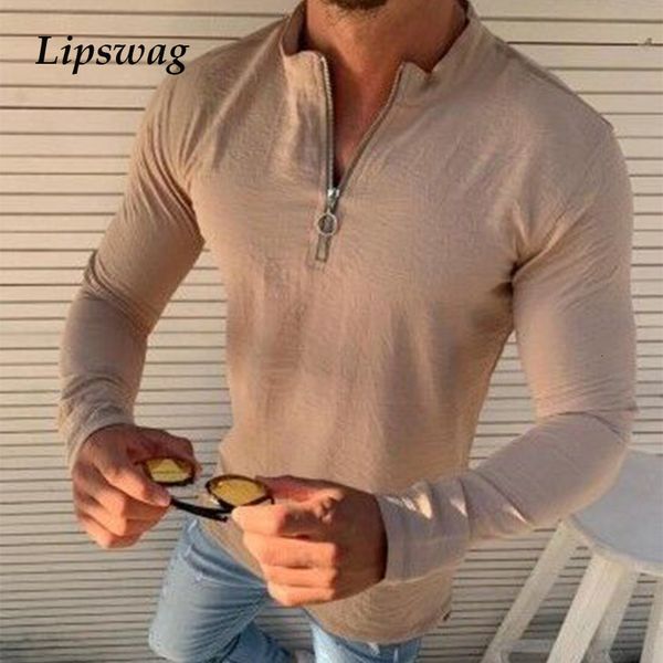 

men's t-shirts 2021 spring autumn long sleeve t shirts solid mens stand neck zipper tee shirt pullover fashion casual male slim to, White;black