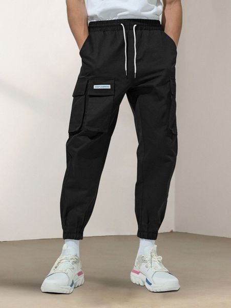 

men slogan graphic drawstring waist cargo pants u1aa#, Black