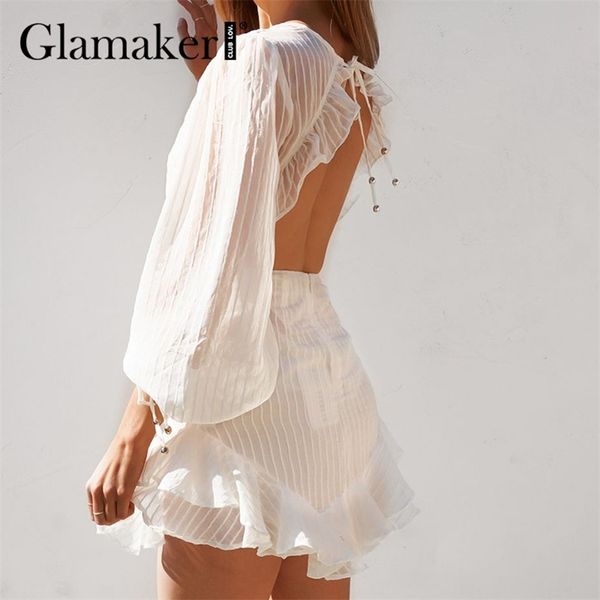 

glamaker backless white mini dress summer autumn ruffle a-line dress holiday beach lace up women elegant fashion shortdress 210630, Black;gray