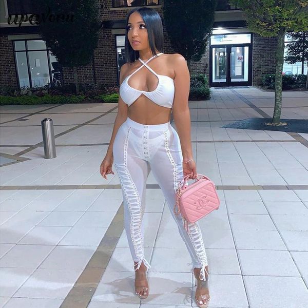 

women's pants & capris 2021 bodycon white transparent long mesh lace up with gold eyelets club nightclub, Black;white