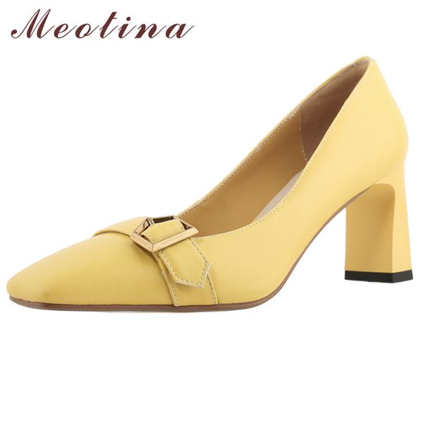 

meotina women shoes genuine leather high heel pumps buckle square toe party shoes chunky heels slip on footwear ladies yellow 210520, Black