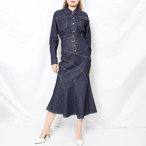 

women's tracksuits autumn suit collar long sleeve single breasted denim dress fashionable casual fishtail slim jeans blazer dresses, Gray
