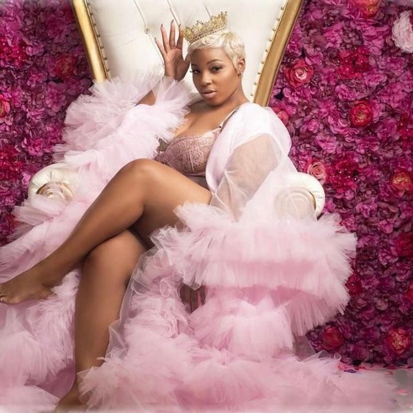 

pink ruffles tulle po shoot outfits for black women plus size see through maternity poshoot dresses robe gowns casual, Black;gray