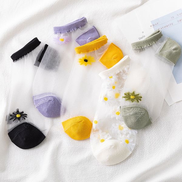 

socks hosiery glass female summer frh little daisy boat stockings net red shallow transparent socks, Black;white
