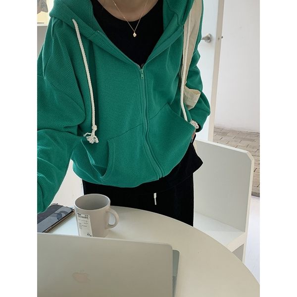 

huang zheng waffle hooded zipper sweater women's 2021 autumn korean loose casual college coat wt85375, Black