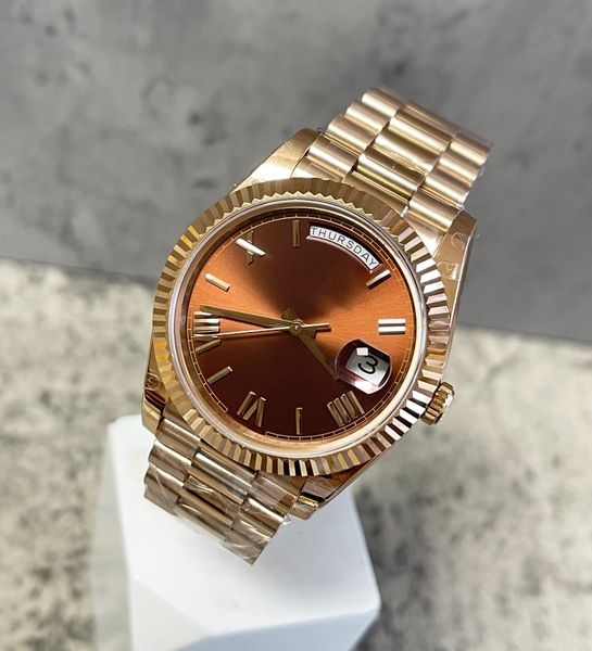 

bp maker men watches 40mm dd 228235 rosegold case fluted bezel chocolate dial automatic movement 2 end links president bracelet stainless st, Slivery;brown