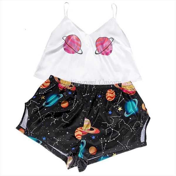 

thin pajama set cute cartoon womens sleepwears faux silk v neck pijama satin night home suits spaghetti female, Black;red