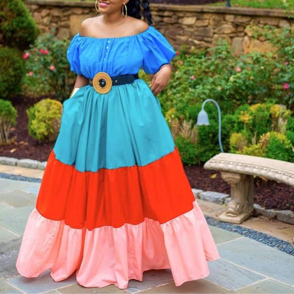 

women off shoulder dress short lantern sleeve patchwork party occasion celebrate female african fashion plus size vestidos robes 210416, Black;gray