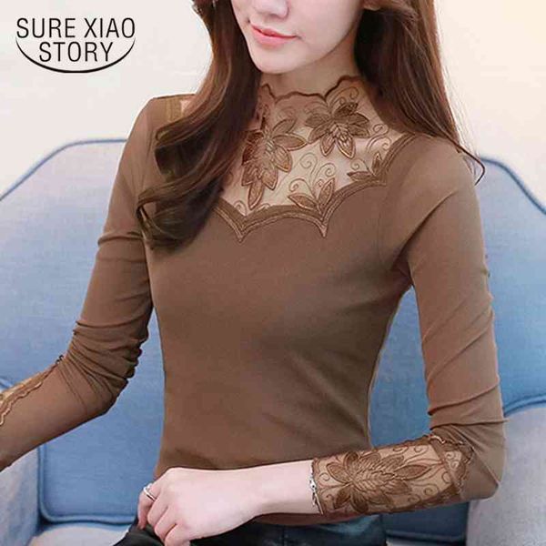 

plus size hollow mesh lace blouse shirt fashion womens and blouses long sleeve women shirts blusas 2304 50 210417, White