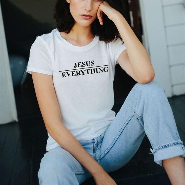 

jesus over everything girl womens tumblr tee christian graphic letter o neck casual hipster, White