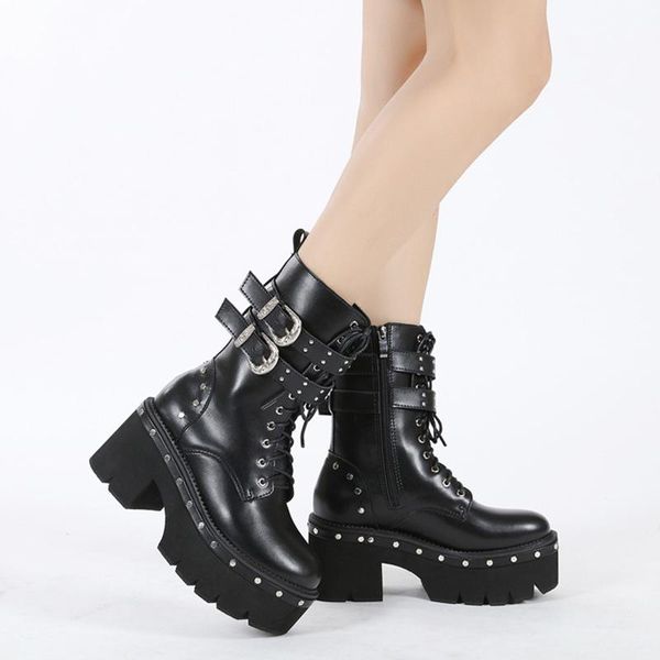 

boots platform women ankle booties rivet buckle side zipper black ladies outdoor casual winter thick bottom women's feetwear