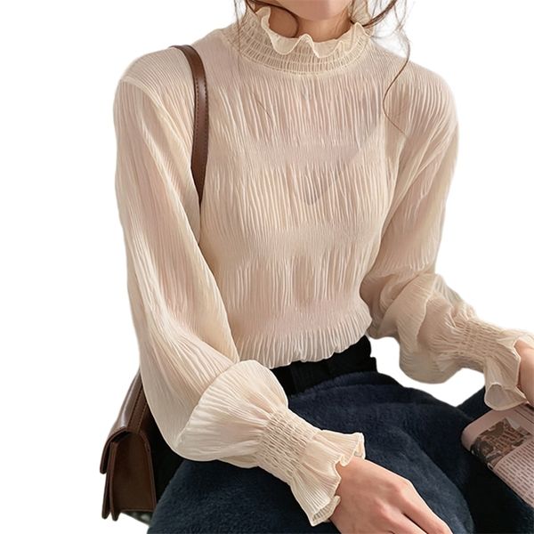 

plus size long sleeve women floral feminine chiffon blouse solid turtleneck shirt butterfly office lady 8878 210421, White