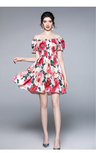 

slash neck holiday dress 2021 fashion summer women's beauty floral printing dresses short sleeve elastic bust and waist lady's cas, Black;gray