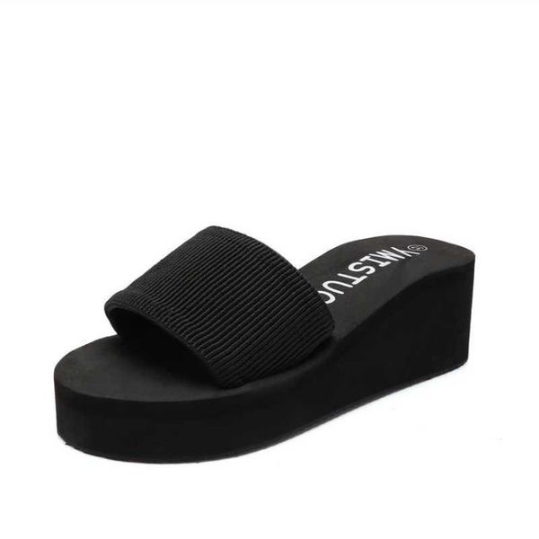 

summer women's shoes summer shallow high-heeled slippers with flower bows size 35-40 fashion breathable for beach party 210611, Black