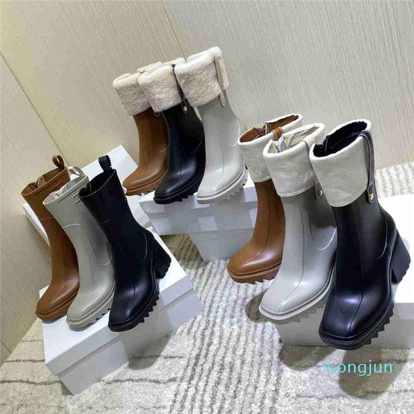 

designer- women pvc rain boots woman rainboots chunky boot half boot ladies dress shoes leather medal coarse non-slip winter shoe lady boots, Black