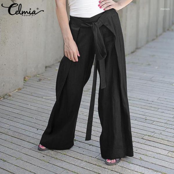 

celmia elegant pants women fashion wide leg trousers loose solid long palazzo high waist casual belted work pantalon plus size1, Black;white