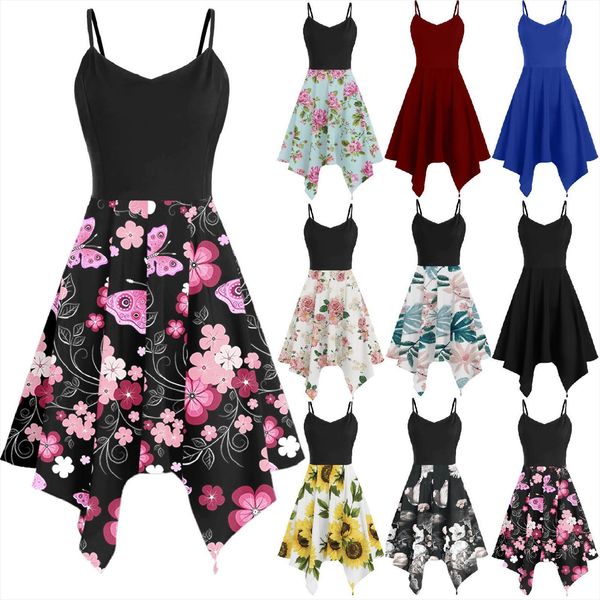 

summer bohemian plus size womens dresses v neck solid sleeveless sling asymmetric camis handkerchief, Black;gray