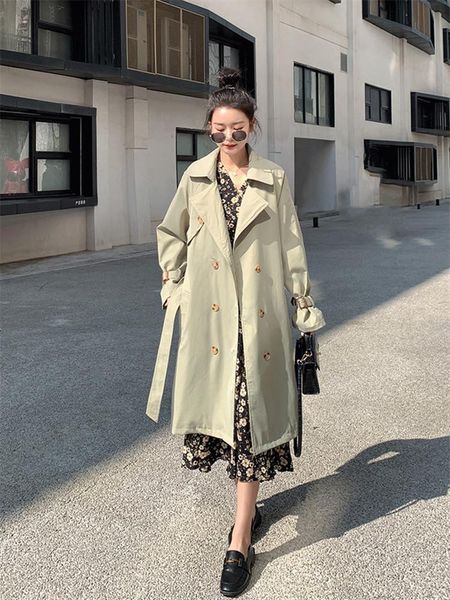 

women's trench coats windbreaker spring autumn fashion loose solid color wild double-breasted long-sleeved commute female coat 069, Tan;black