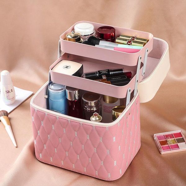 

cosmetic bags & cases women makeup pouch beauty travel skin care product deskorganizer red grid vanity with lipstick