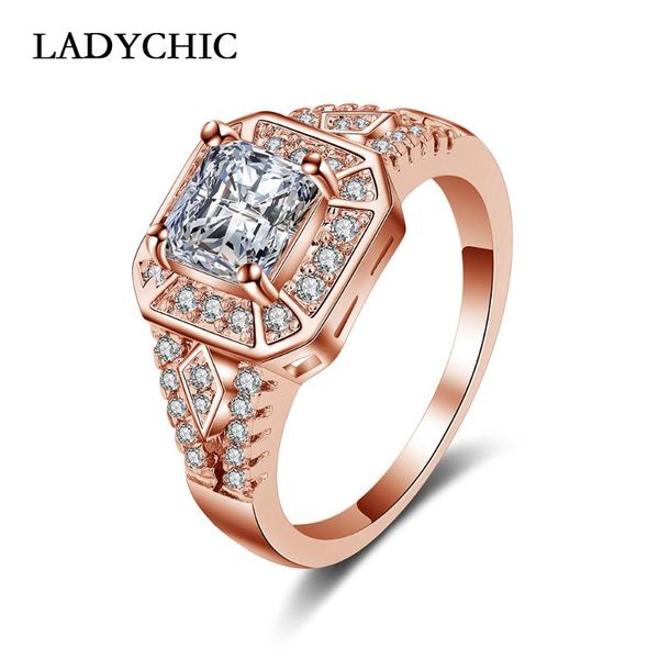 

wedding rings ladychic princess cut zircon vintage rose gold color square ring paved cz crystal exquisite bijoux jewelry lr1031, Slivery;golden
