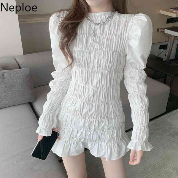 

neploe temperament dress women fashion pleated mini dresses o-neck puff long sleeve robe korean fashion slim bodycon vestidos 210422, Black;gray