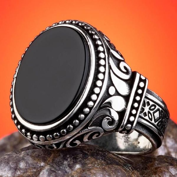 

cluster rings silver oval black onyx gamestone plain model men ring vintage handmade jewelry for gifts, Golden;silver