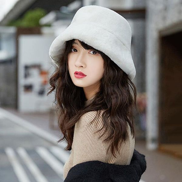 

wide brim hats winter outdoor vacation lady panama black solid thickened soft warm fishing cap faux fur bucket hat women, Blue;gray