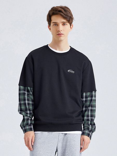 

men drop shoulder tartan & letter pattern pullover e13s#, Black