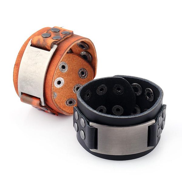 

tennis casual sport retro brown black wrap snap buckle woven alloy charm male punk men genuine leather bracelets bangle jewelry, Golden;silver