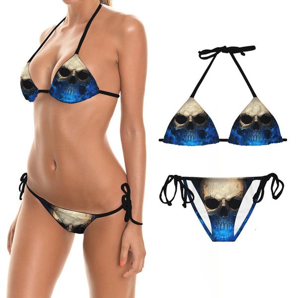 

summer color skull series split swimsuit digital printing, White;black