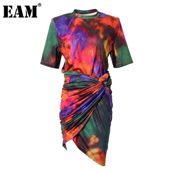 

[eam] tie dye irregular printed half-body skirt two pieces suit round neck short sleeve women spring summer 1dd6948 21512, White