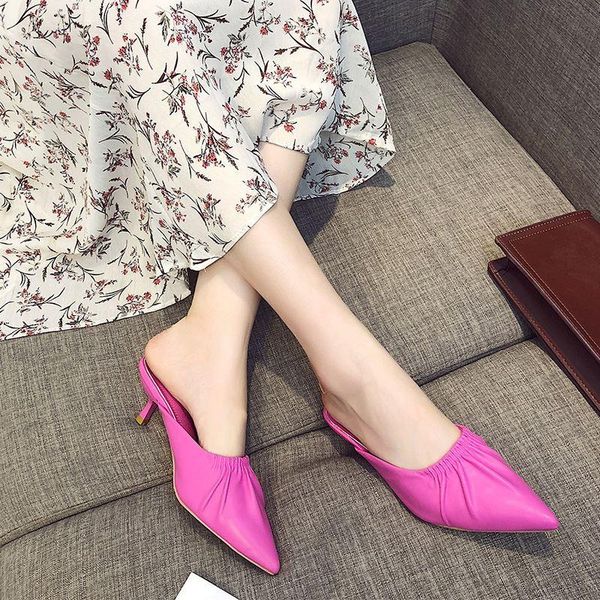 

slippers wear heelless women's pointed baotou half and pu medium heel moller shoes outdoors in 2021, Black