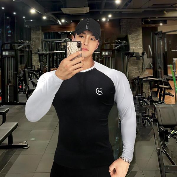 

men's t-shirts muscle brothers fitness jacket tights color sports leisure long sleeve training suit quick dry moisture absorption sweat, White;black