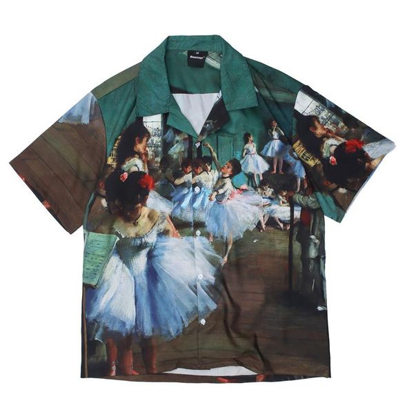 

men's casual shirts harajuku oversize ballet painting shirt blouse men short sleeve summer 2021 hawaiian holiday beach clothes la, White;black