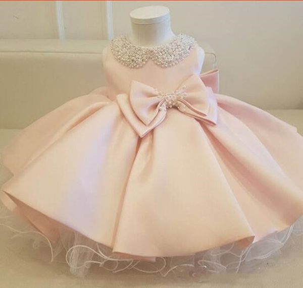 

fashion beaded bow flower girl dresses for wedding princess fluffy tulle baby girls baptism christening 1st birthday gown, White;blue