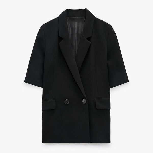 

women's suits & blazers fashion black notched double breasted women elegant short sleeve jackets office lady side pockets ladies, White;black