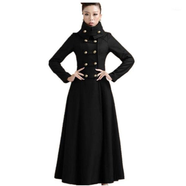 

women's wool & blends plus size 3xlwomen woolen coat stand collar slim military style x-long black bouble breasted