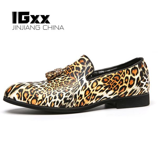 

dress shoes igxx leopard men oxford pointed toe business tassels loafers slip-on driving wedding larger size 48, Black