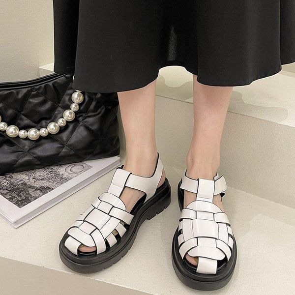 

slippers rome women's sandals 2021 flat shoes round toe leather holiday beach woman comfort thick sole sandalias mujer, Black
