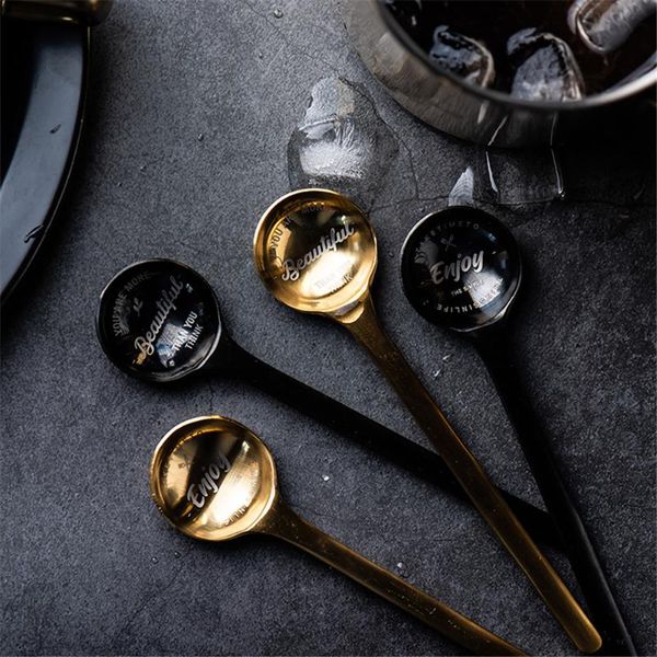 

spoons luxury stainless steel tea coffee ice cream fruit dessert spoon rose gold black teaspoons tableware home decoration 1pc