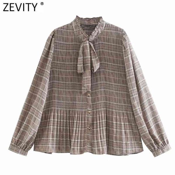 

women vintage bow tied stand collar plaid print pleated kimono shirts retro lady blouse roupas chic femininas ls7395 210420, White