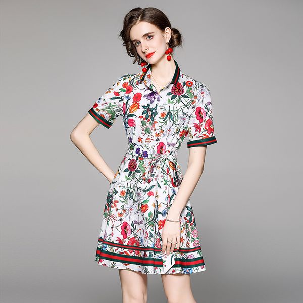 Arco boutique impresso vestido manga curta ol verão vestido high-end forma doce senhora vestido vestido de festa