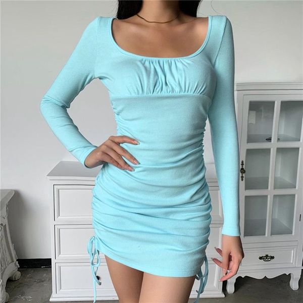 

long sleeve bodycon dress women summer square collar mini drawstring ruched puff short party casual dresses, Black;gray