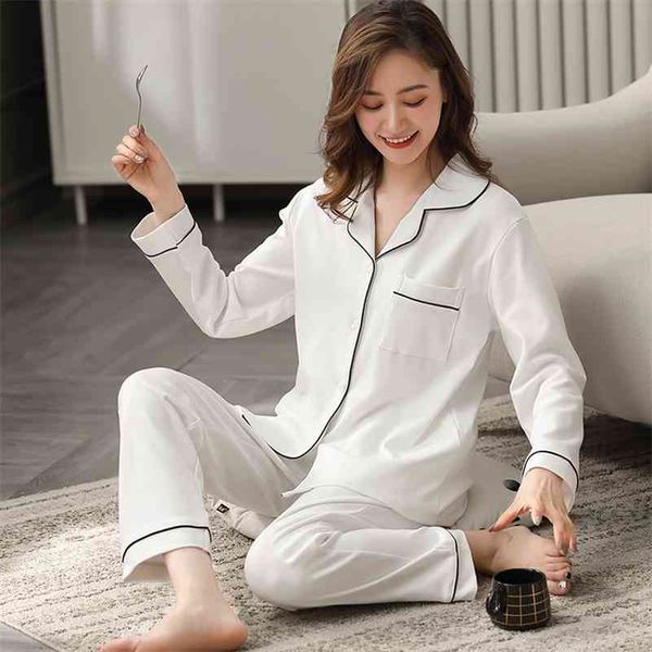 Frauen 100% Baumwolle Pyjamas Winter Dormir Lounge Nachtwäsche Solide Weiß Pijama Mujer Schlafzimmer Hause Kleidung Reine Baumwolle Pyjamas PJs 210330