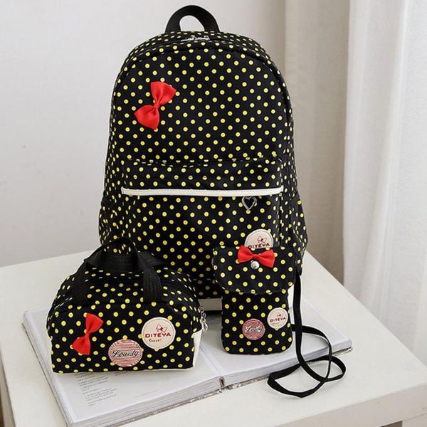 

storage bags dot design printing bow high-capacity student nylon bag black handbag satchel backpack suit for girl