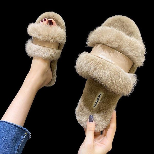 

slippers winter outdoor fur house full furry soft fluffy plush flats heel non slip luxury casual ladies open toe designer shoes, Black
