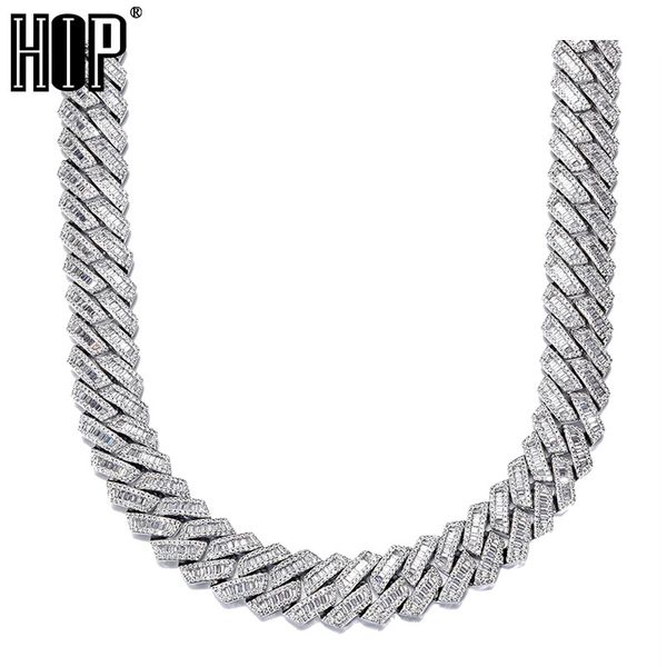 

hip hop 21mm baguette prong cuban chains bling iced out cz setting cubic zirconia box buckle necklace for men jewelry, Silver